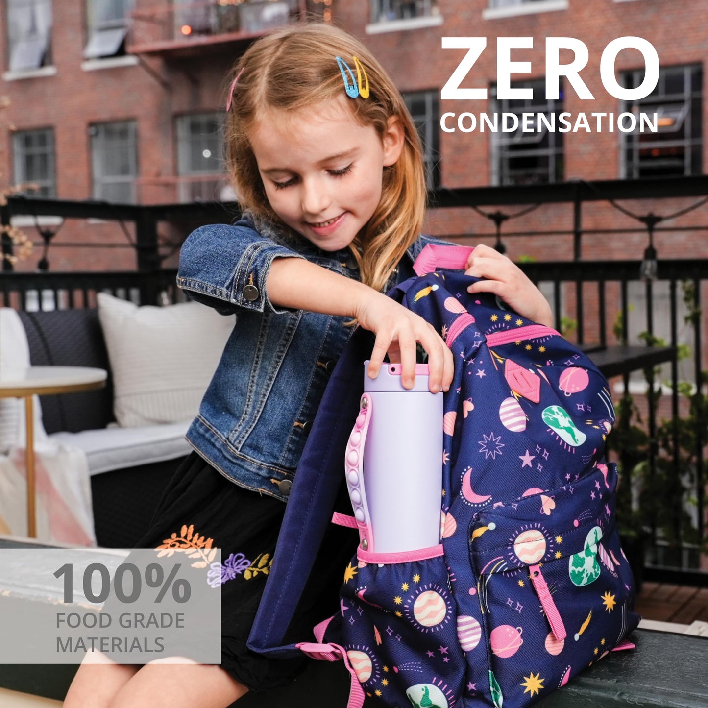 Elemental Iconic Kids Water Bottle with Straw Lid & Stress Relief Pop It Handle, Leak-Proof When Closed, Triple Insulated Kids Stainless Steel Water Bottle For Girls and Boys, 14oz - Lilac Tie Dye