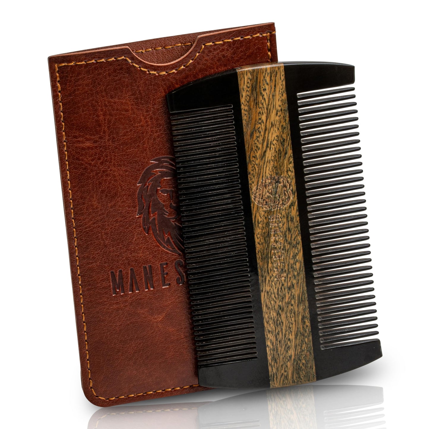 Premium Natural Ox horn and Sandalwood Beard Comb Dual-Action | Double Sided Beard & Mustache Comb with Brown Protective Case | Perfect Grooming Companion & Gift for Men – by Man & Mane