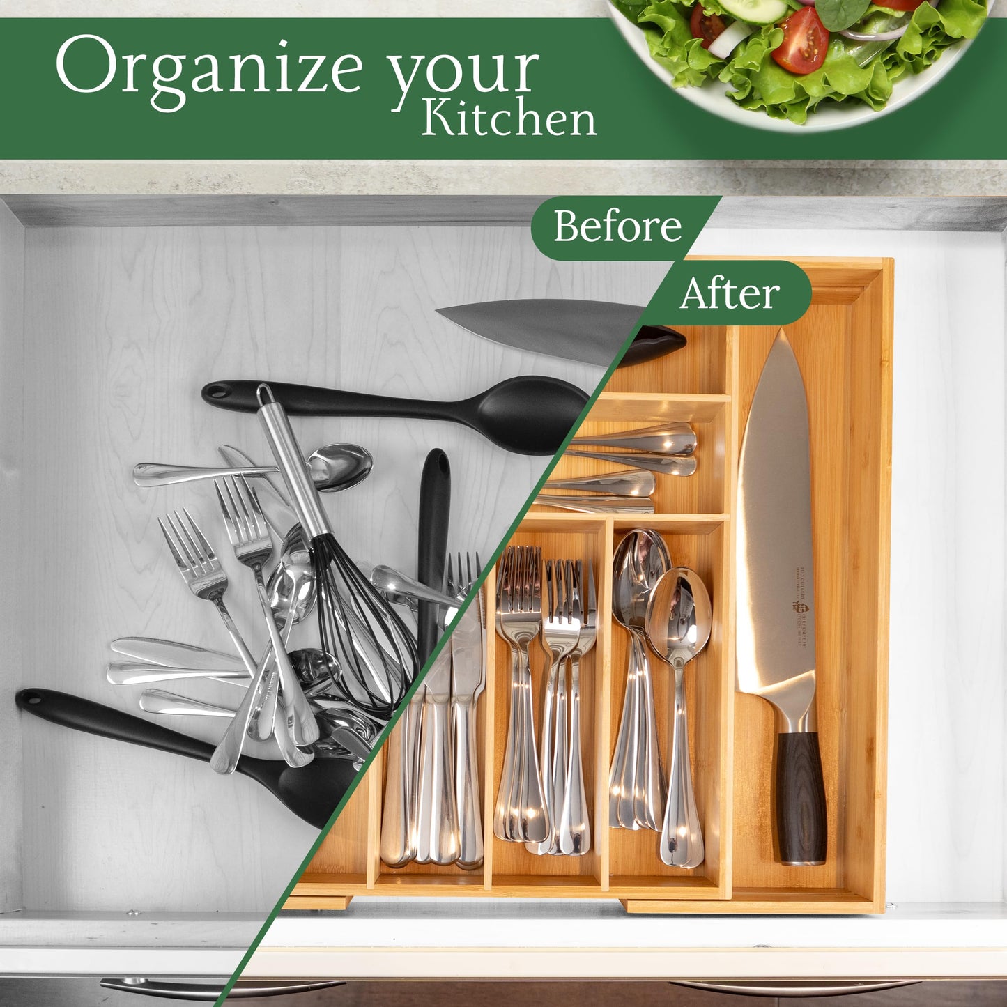 randomgrounds Utensil Drawer Organizer - 3" Deep 100% Bamboo Wooden Expandable Adjustable Kitchen Silverware Flatware Cutlery and Accessories Home Pantry Storage Organization Tray with Magnetic Lock