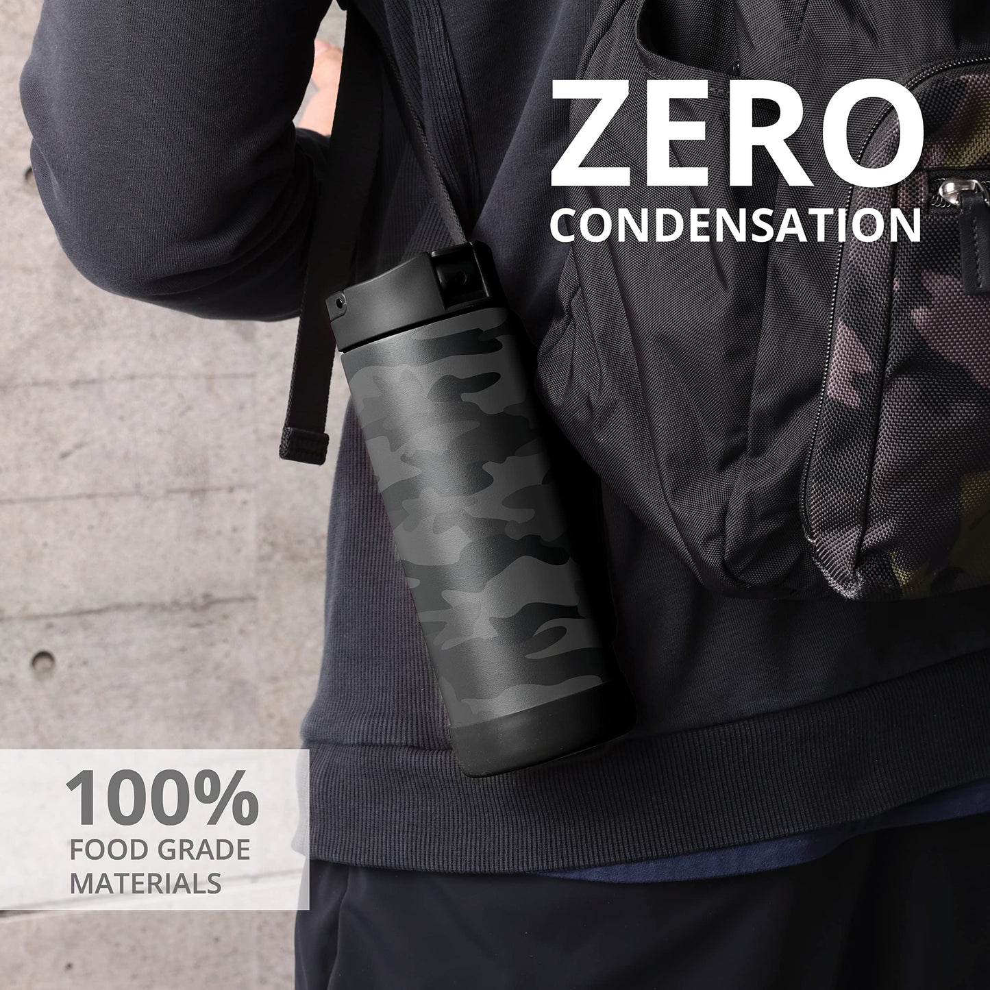 Elemental Iconic Kids Water Bottle with Straw Lid & Stress Relief Pop It Handle, Leak-Proof When Closed, Triple Insulated Kids Stainless Steel Water Bottle For Girls and Boys, 14oz - Black Camo