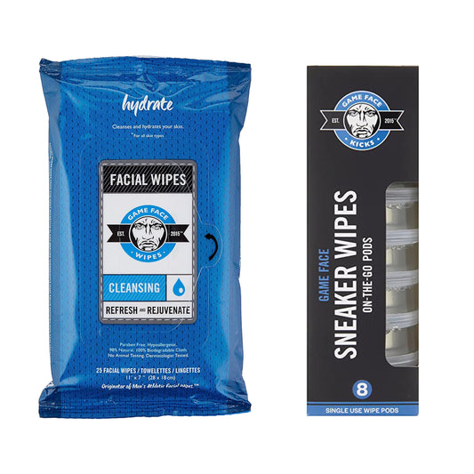 Game Face On-The-Go & Travel Wipe Bundle - XL Face Cleansing Wipes & Sneaker Cleaning Wipes