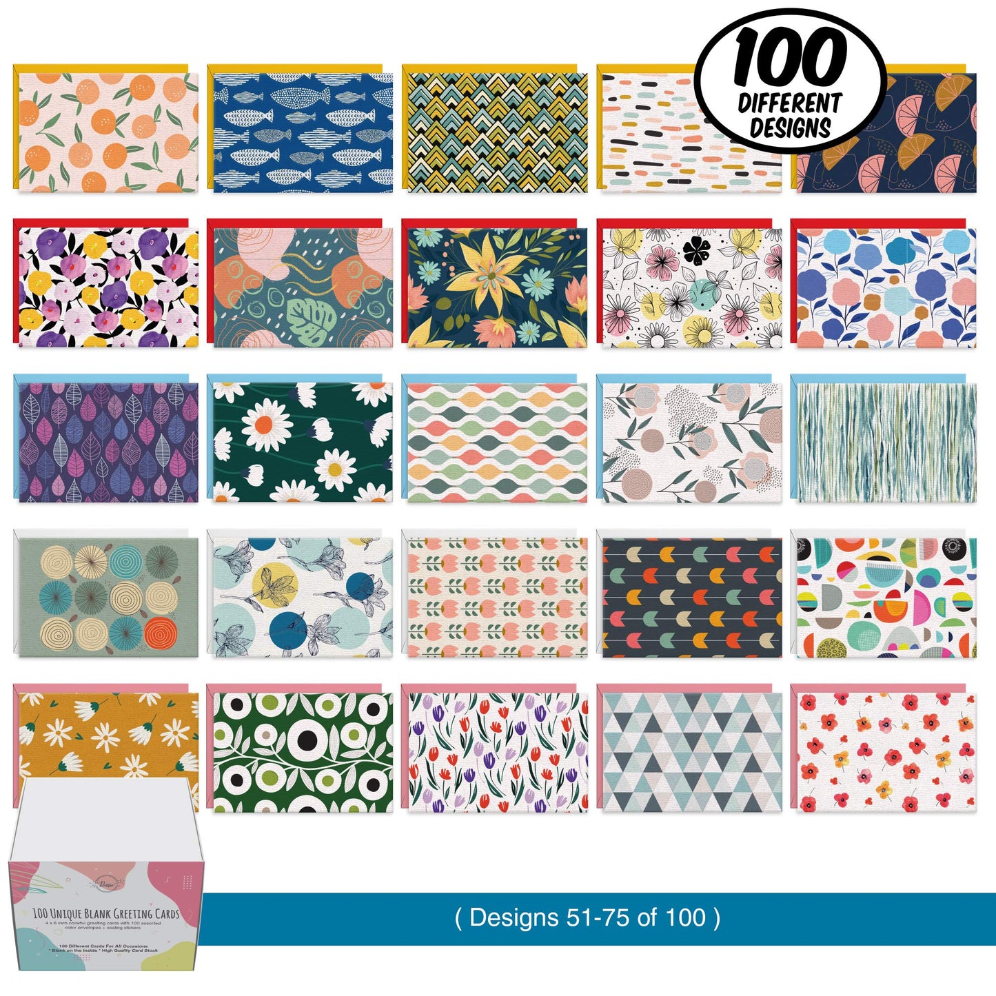 Dessie 100 Unique Blank Cards With Envelopes 4x6 - All Occasion Blank Greeting Cards w/Colored Envelopes & Gold Seals. No Repetition. Note Cards with Envelopes Set