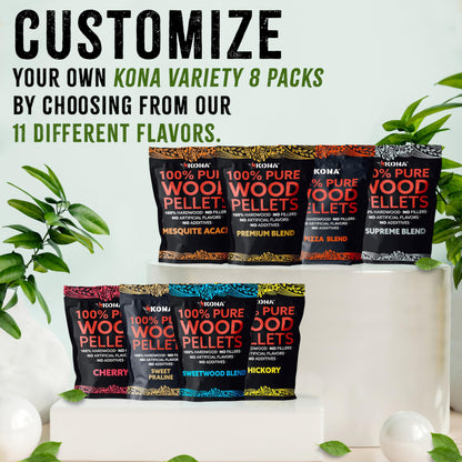 Kona Build Your Own Wood Smoker Pellet Variety Pack - Choose Your Favorite Flavors - Mix and Match - Set of 8-1 lb Resealable BBQ Wood Pellets