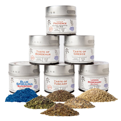 Luxury Gourmet Seasonings, Spices & Infused Sea Salts Collection | Non GMO, All Natural | 6 Magnetic Tins | Handmade in Small Batches | Sustainably Sourced Artisanal Spice Blends | Made in USA | GLP-1 Friendly | Gustus Vitae | #42