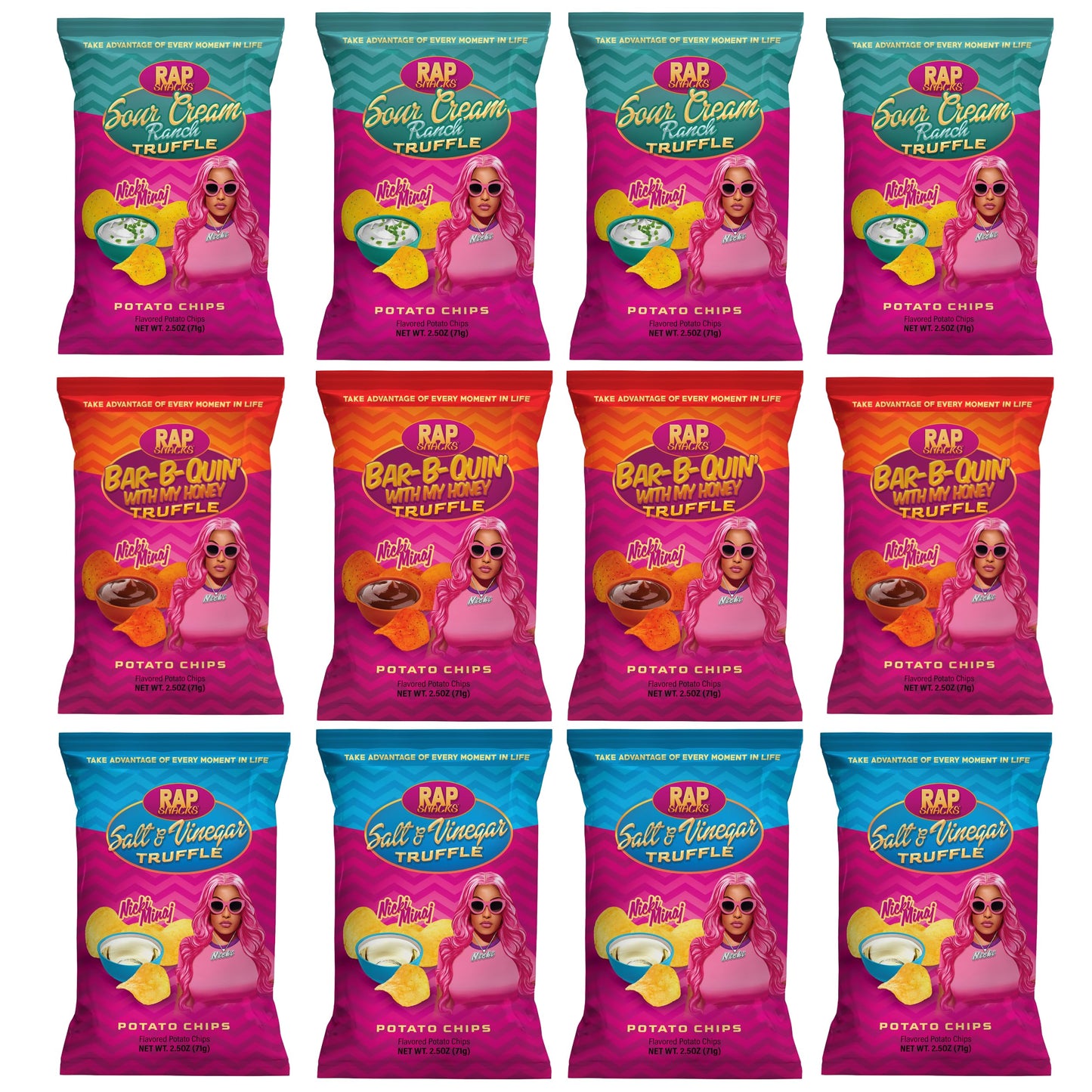 Rap Snacks Nicki Minaj Sour Cream and Truffle, Honey BBQ Truffle, and Salt and Vinegar Truffle Chips Variety - Pack of 12