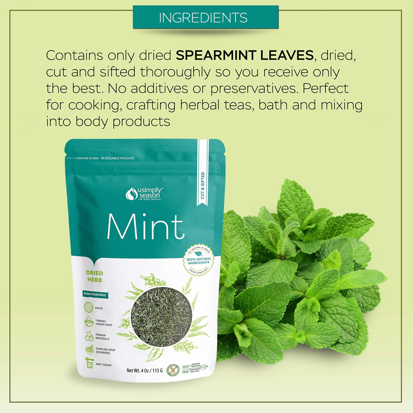 USimplySeason Dried Mint, 4oz - Cut & Sifted Spearmint, Perfect for Teas & Culinary Use, Vegan, Non-GMO, Packaged in the USA