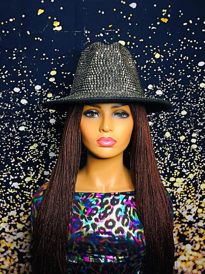 2Chique Boutique Women's Extra Bling Rhinestone Embellished Wide Brim Fedora Hat, Gunmetal