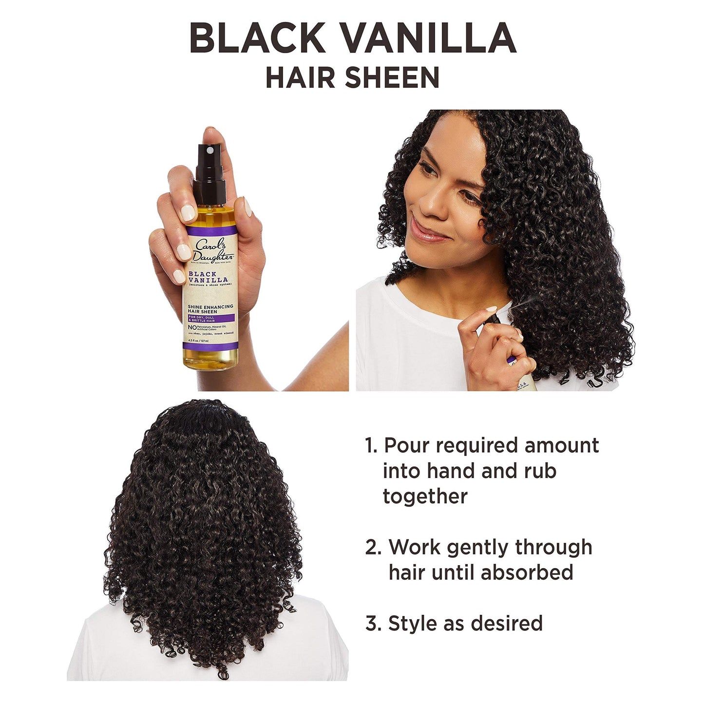 Carol's Daughter Black Vanilla Hair Sheen for Curly, Wavy or Natural Hair, Hair Shine Spray and Moisturizer For Dry, Dull or Brittle Hair, 4.3Fl Oz