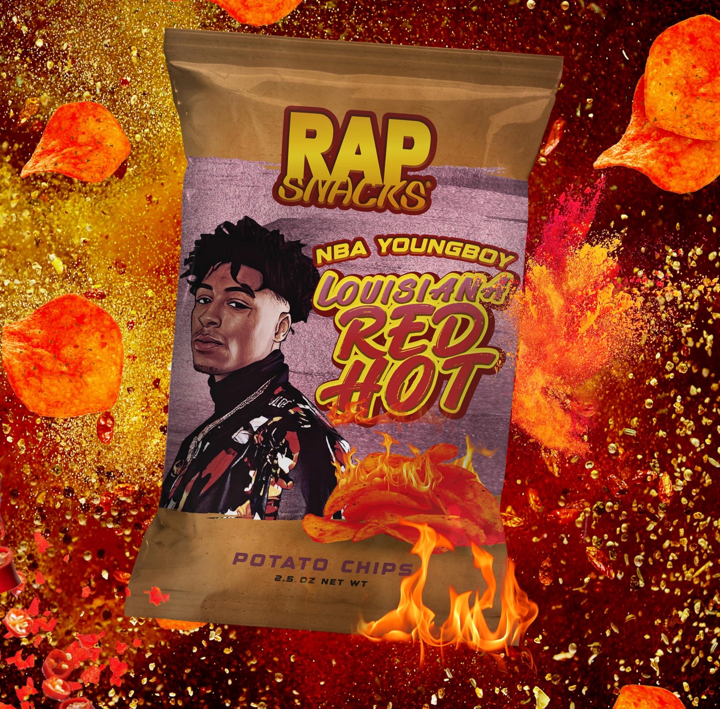 Rap Snacks YoungBoy Never Broke Again Louisiana Red Hot Potato Chips 2.5 Oz Bags - Pack of 6