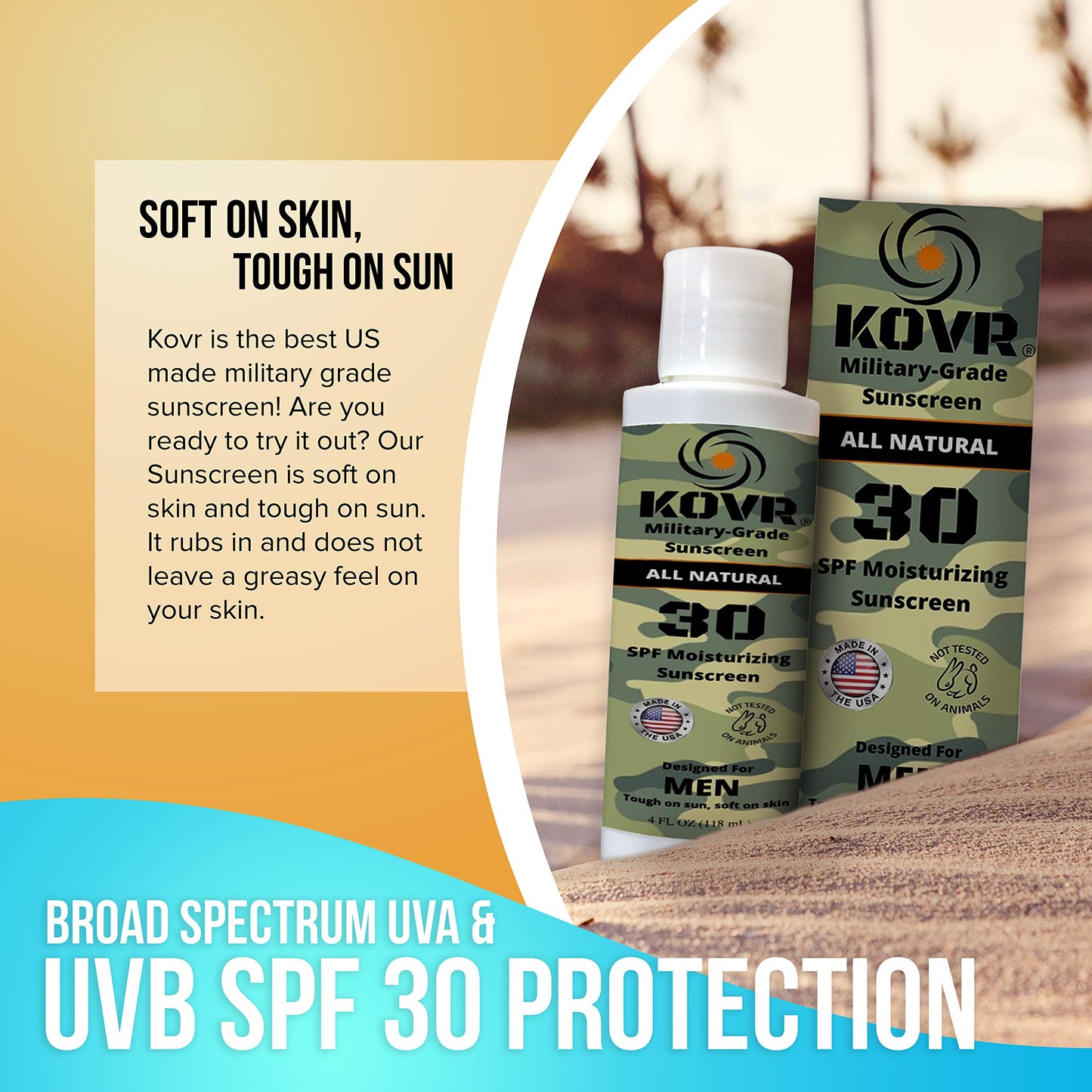 Kovr Sunscreen SPF 30 Face & Body Lotion - Reef Safe & Water Resistant Mineral Sunscreen | Broad Spectrum, Moisturizing, Unscented | Military Grade Sunblock for Men (4 fl oz)