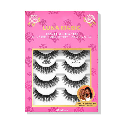 LUNA MAGIC Muńeca Faux Mink Lashes, Multipack, Natural Everyday Wear, Reusable, Wispy & Natural, Cruelty Free, 13MM, 4 Pairs