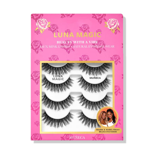 LUNA MAGIC Muńeca Faux Mink Lashes, Multipack, Natural Everyday Wear, Reusable, Wispy & Natural, Cruelty Free, 13MM, 4 Pairs