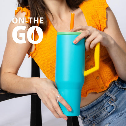 Elemental 40 oz Tumbler with Handle and Straw - Spill Proof Insulated Stainless Steel Commuter for Hot and Cold Beverages - Travel Coffee Mug with 2 Straws & Spill Proof Lid - 40oz - Blue Lagoon