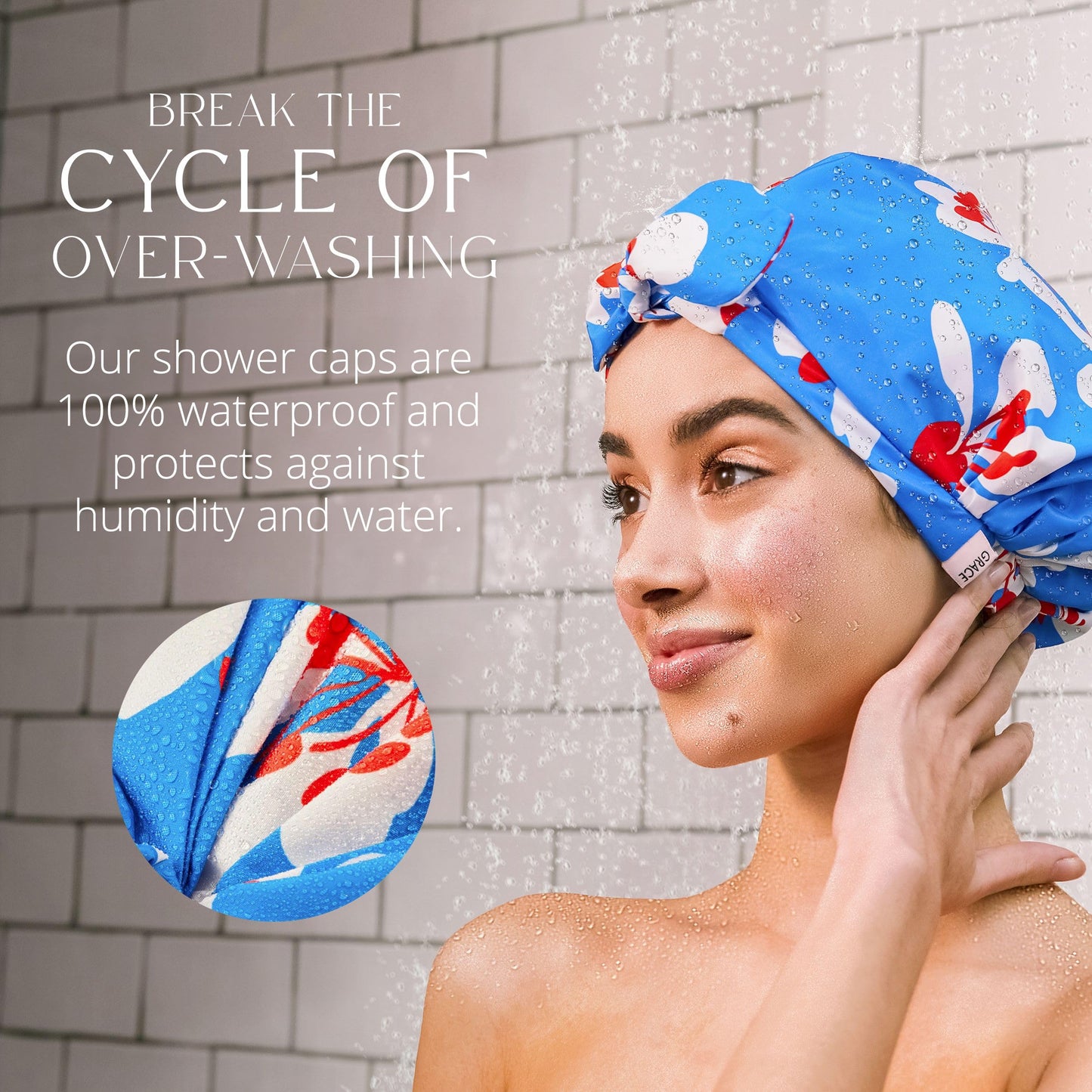 GRACE & COMPANY Luxury Shower Cap For Women - 100% Waterproof, Reusable, Washable & Breathable Shower Caps - Gramercy