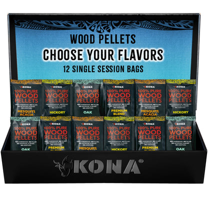 Kona Build Your Own Wood Smoker Pellet Variety Pack - Mini Smoker Pellets - Single Use Bags - Choose Your Favorite Flavors - Mix and Match Set - Set of 12 - BBQ Smoker Pellet Bags