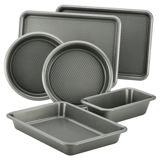 Ayesha Curry Nonstick Bakeware Set with Nonstick Bread Pan, Cookie Sheet, Baking Pan, Baking Sheet and Cake Pans - 6 Piece, SIlver