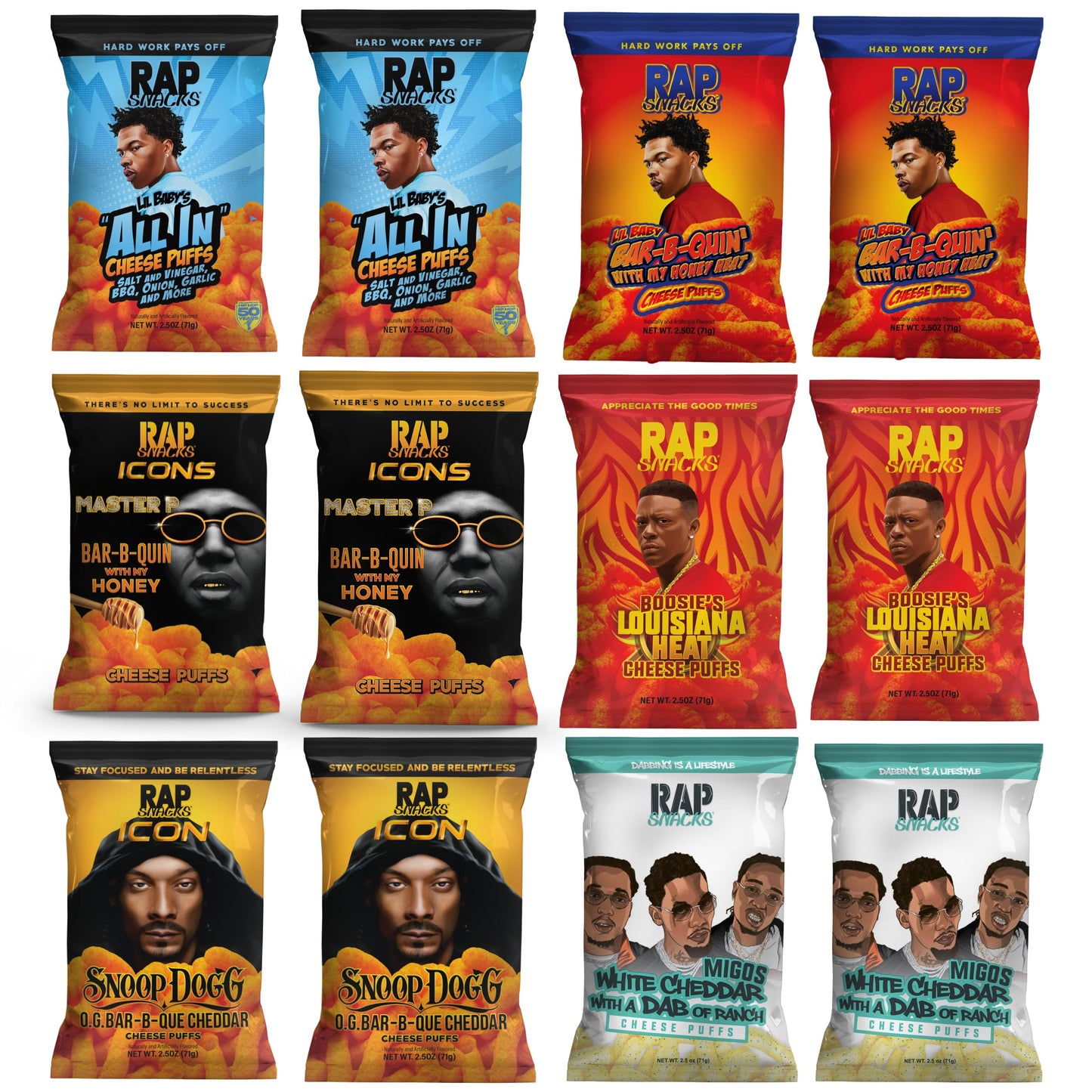 Rap Snacks Lil Baby, Master P, Boosie, and Migos All In Cheese, BBQ Honey Heat, Honey BBQ, Louisiana Heat, Cheddar BBQ, and White Cheddar with Ranch Puffs Variety - Pack of 12