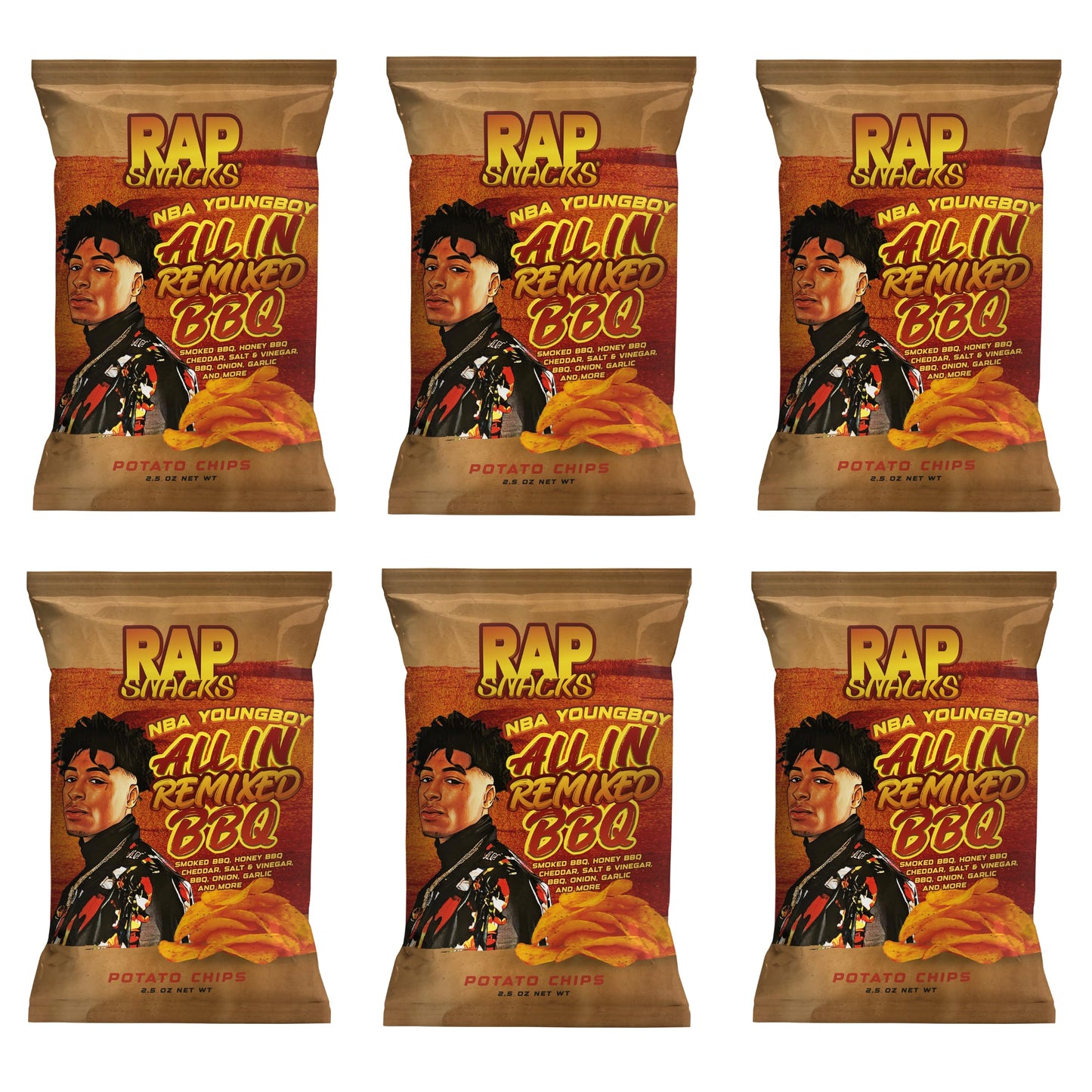 Rap Snacks YoungBoy Never Broke Again All In Remixed BBQ Potato Chips 2.5 Oz Bags - Pack of 6