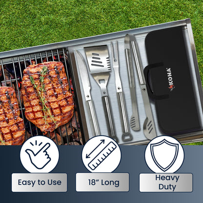 KONA BBQ Grill Tools Set with Case - 18 inches Long to Keep Hands Away from Heat, Premium Stainless Steel Grilling Utensils with Bottle Opener Handles - Makes A Great Gift