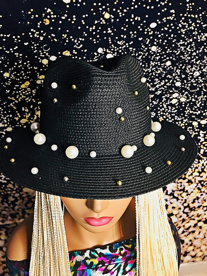 2Chique Boutique Women's Pearl Studded Straw Fedora Hat