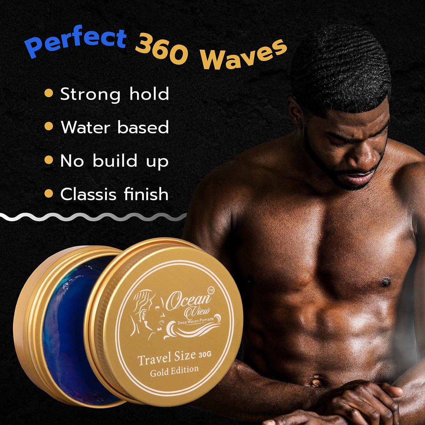 OCEAN VIEW DEEP WAVES POMADE, Gold Edition 360 Wave Grease for Men Moisturizes, Controls and Styles Black Hair – Water Based Wave Builder Pomade for Men Tames Your Crown During Wolfing (30 grams)