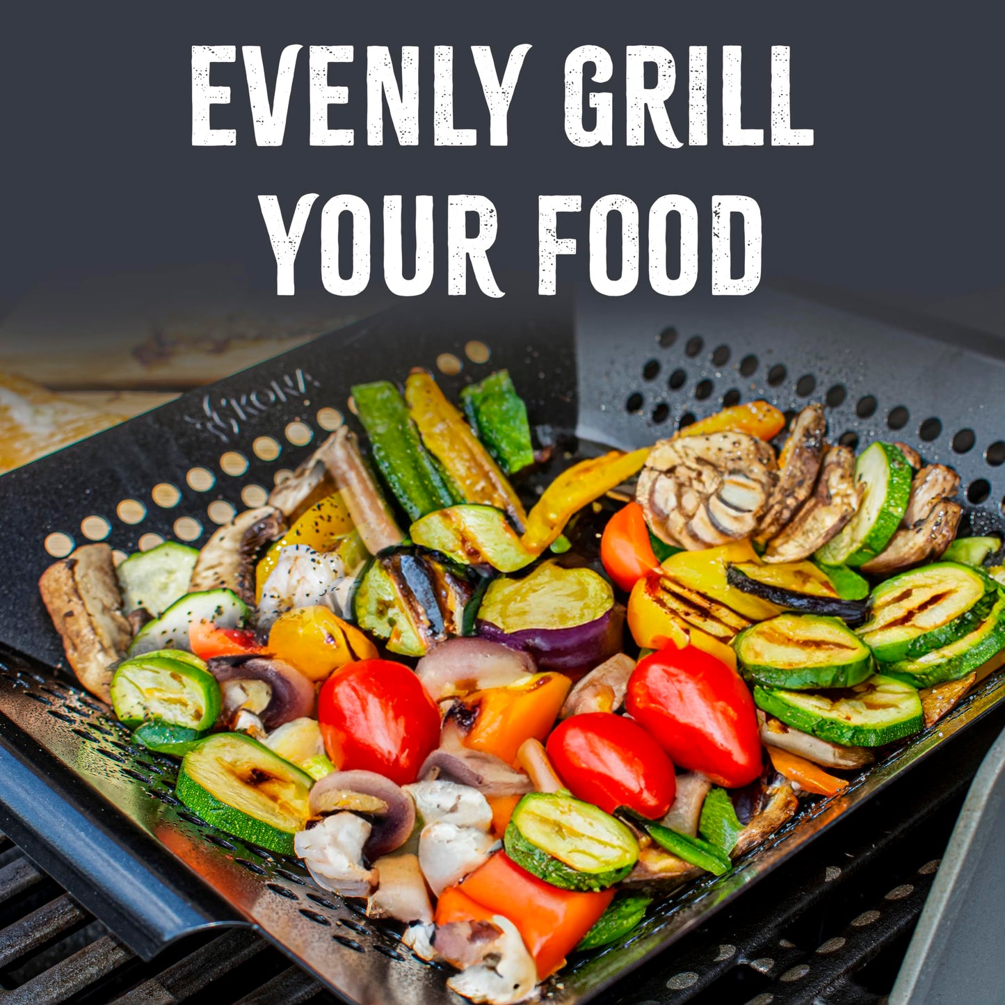 Kona Grill Grilling Basket Set - Premium Accessories for Outdoor Grill - Perfect for Veggies and More! Enhance Your BBQ Experience with this Heavy-Duty Grill Basket - Includes Bonus Gift: Wooden