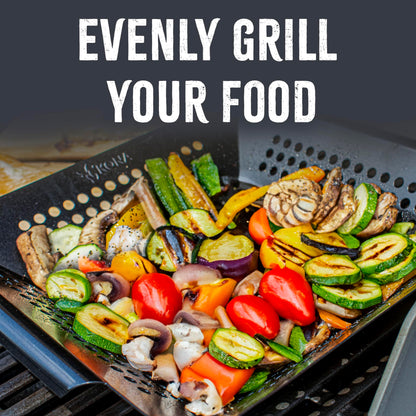Kona Grill Grilling Basket Set - Premium Accessories for Outdoor Grill - Perfect for Veggies and More! Enhance Your BBQ Experience with this Heavy-Duty Grill Basket - Includes Bonus Gift: Wooden