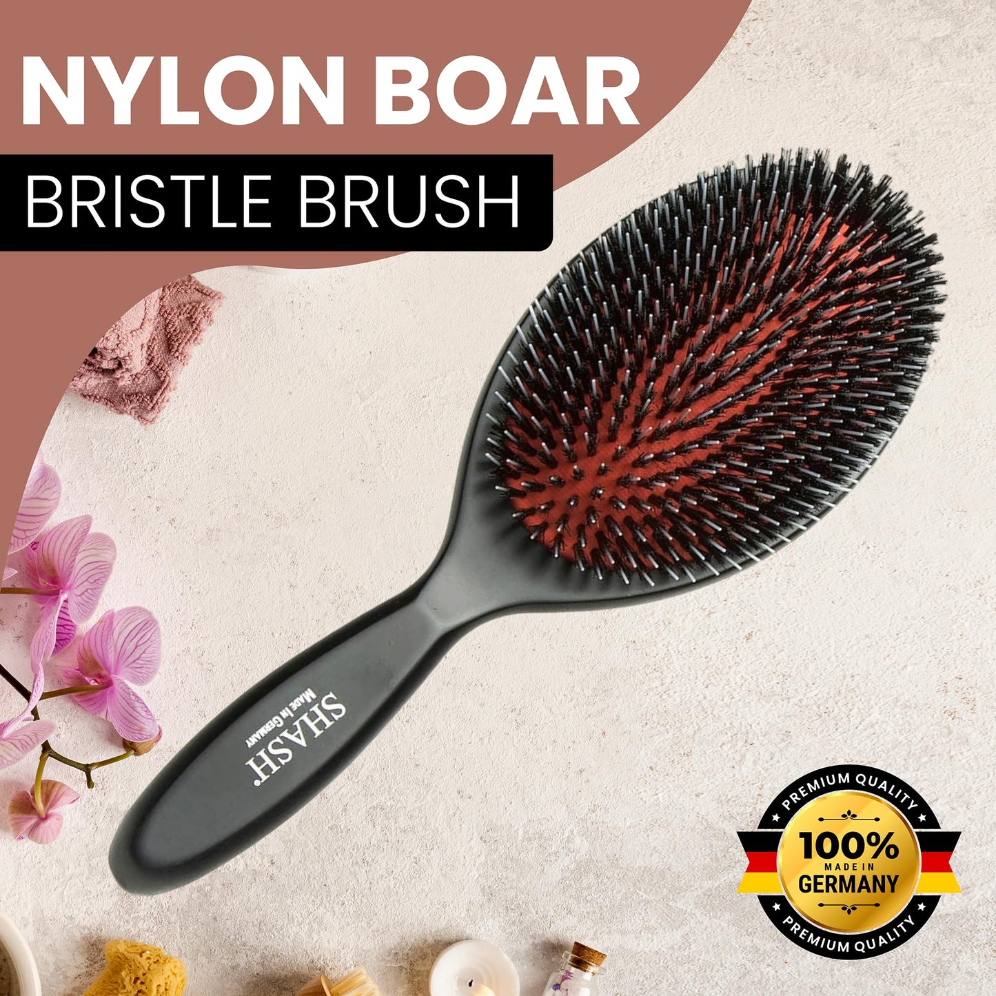 Since 1869 Hand Made In Germany - Nylon Boar Bristle Brush Suitable For Normal to Thick Hair - Gently Detangles, No Pulling or Split Ends - Softens and Improves Texture, Stimulates Scalp (Large)