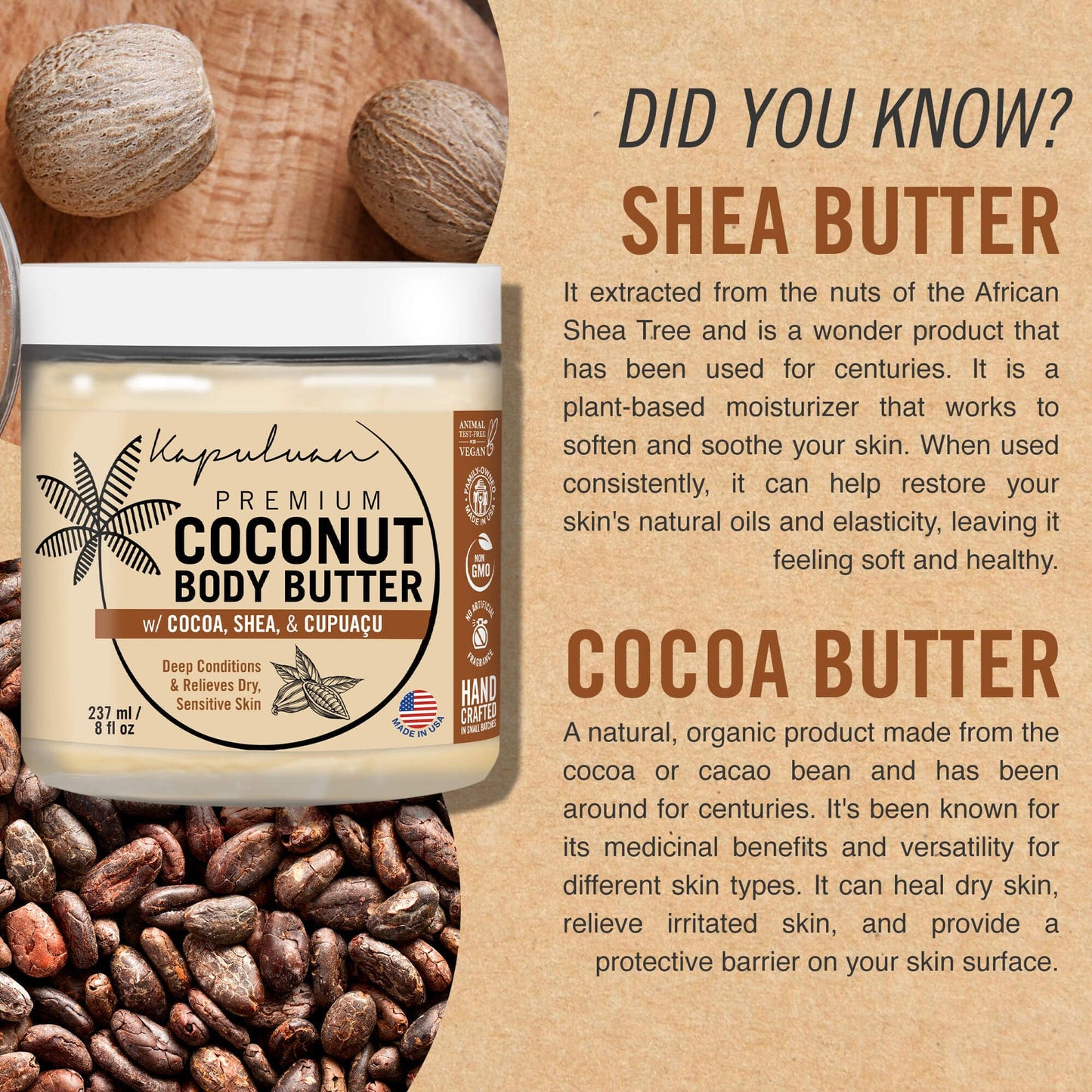 Kapuluan Coconut Body Butter for Women Dry Skin, Body Butter with Raw Coconut Oil, Cocoa Butter, Shea Butter & Cupuaçu Butter, Body Cream Whipped Body Butter for Women (Coconut Scent)