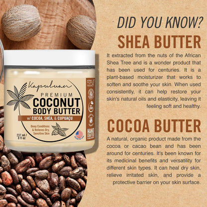 Kapuluan Coconut Body Butter for Women Dry Skin, Body Butter with Raw Coconut Oil, Cocoa Butter, Shea Butter & Cupuaçu Butter, Body Cream Whipped Body Butter for Women (Coconut Scent)