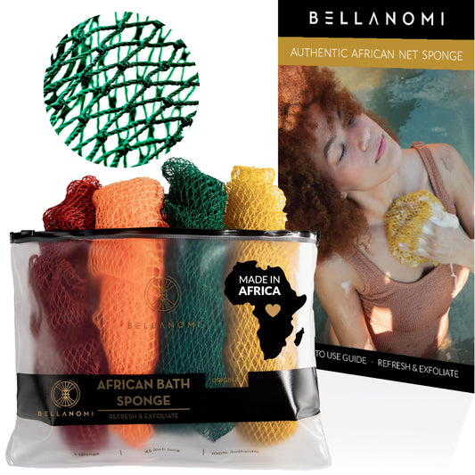 BELLANOMI 4 Piece African Exfoliating Net Sponge Long African Bath Sponge, Authentic Ethically Sourced from Nigeria, Great for Daily Use (Copper Brown, Orange, Green, Yellow)