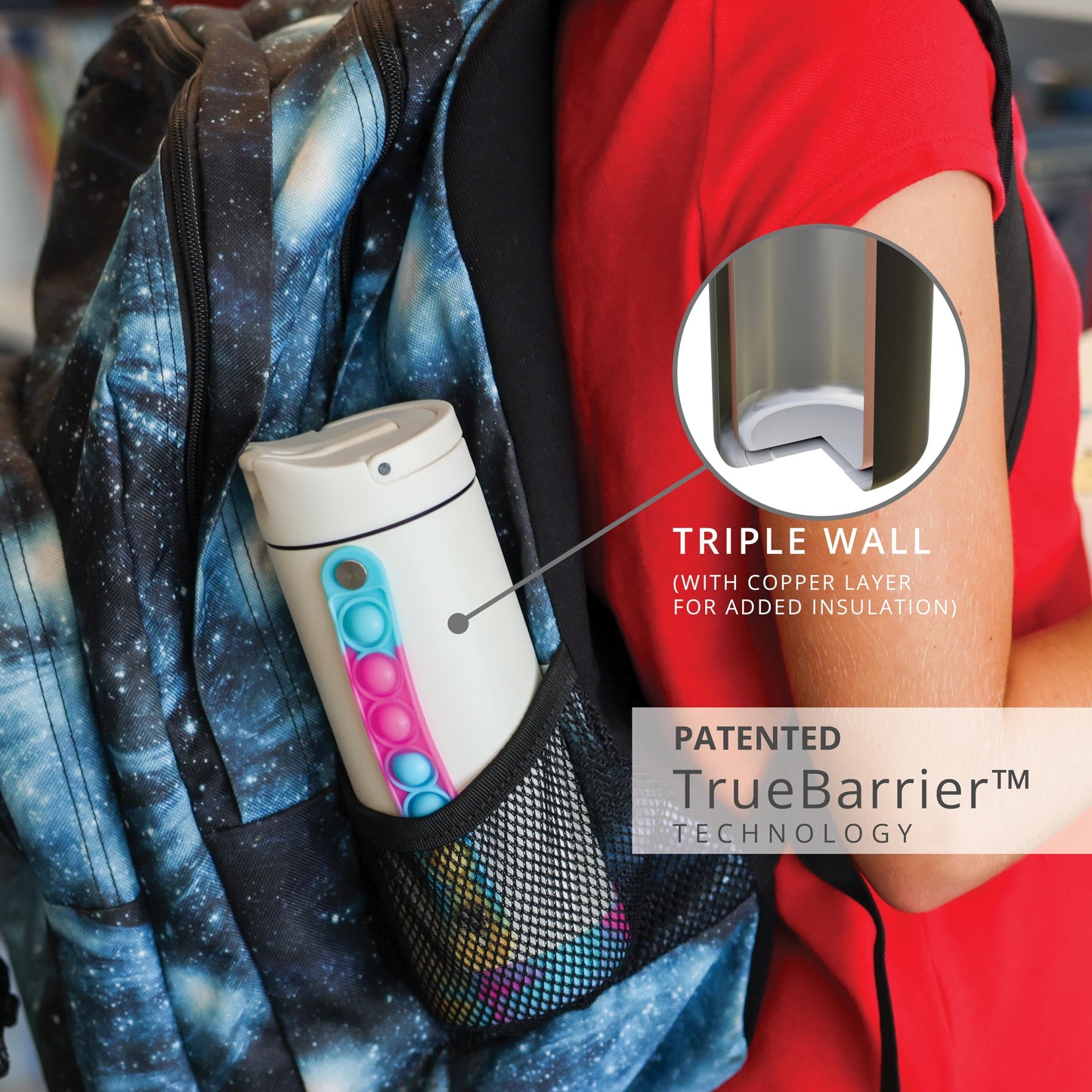 Elemental Iconic Kids Water Bottle with Straw Lid & Stress Relief Pop It Handle, Leak-Proof When Closed, Triple Insulated Kids Stainless Steel Water Bottle For Girls and Boys, 14oz - White Tie Dye