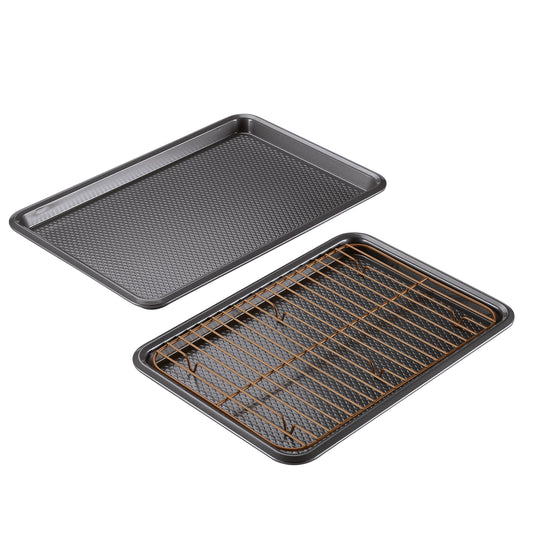 Ayesha Curry Nonstick Bakeware Set with Nonstick Cookie Sheets / Baking Sheets and Cooling Rack - 3 Piece, Gray