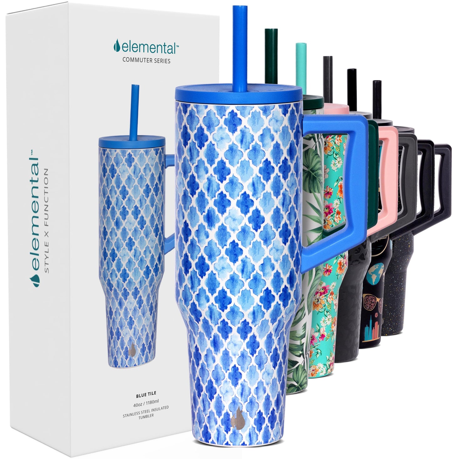 Elemental 40 oz Tumbler with Handle and Straw - Spill Proof Insulated Stainless Steel Commuter for Hot and Cold Beverages - Travel Coffee Mug with 2 Straws & Spill Proof Lid - 40oz - Blue Tile