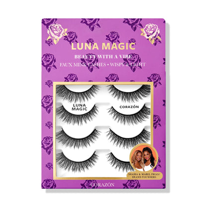 LUNA MAGIC Corazón Faux Mink Lashes, Multipack, Wispy & Light, Reusable, Cat Eye & Natural, Cruelty Free, 14MM, 4 Pairs