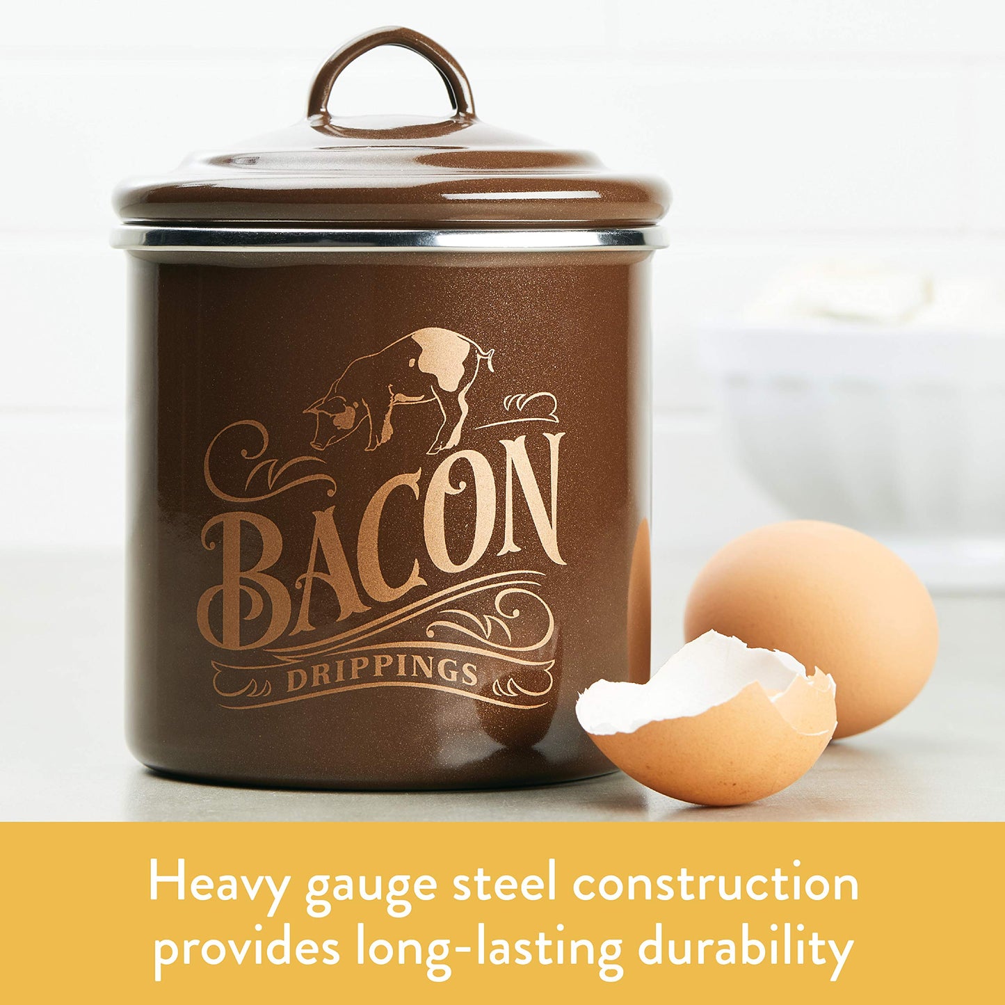 Ayesha Curry Enamel on Steel Bacon Grease Can / Bacon Grease Container - 4 Inch, Brown