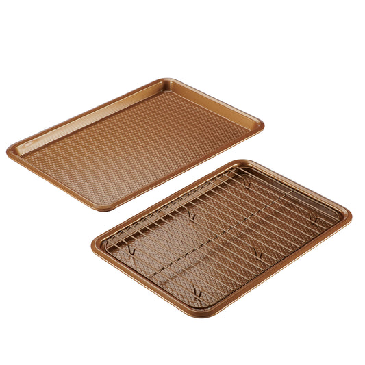 Ayesha Curry Nonstick Bakeware Set with Nonstick Cookie Sheets / Baking Sheets and Cooling Rack - 3 Piece, Copper Brown