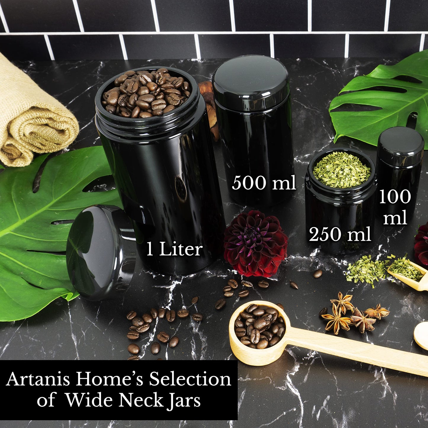 Artanis Home Black Ultraviolet Glass Jar with Lid | 500 ml 16 oz Airtight Smell Proof Container | Wide Neck Herb Storage, Ideal for Coffee, Tea, Spices, Dried Goods, Tall Glass Jar for Kitchen