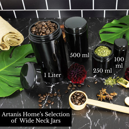 Artanis Home Black Ultraviolet Glass Jar with Lid | 500 ml 16 oz Airtight Smell Proof Container | Wide Neck Herb Storage, Ideal for Coffee, Tea, Spices, Dried Goods, Tall Glass Jar for Kitchen