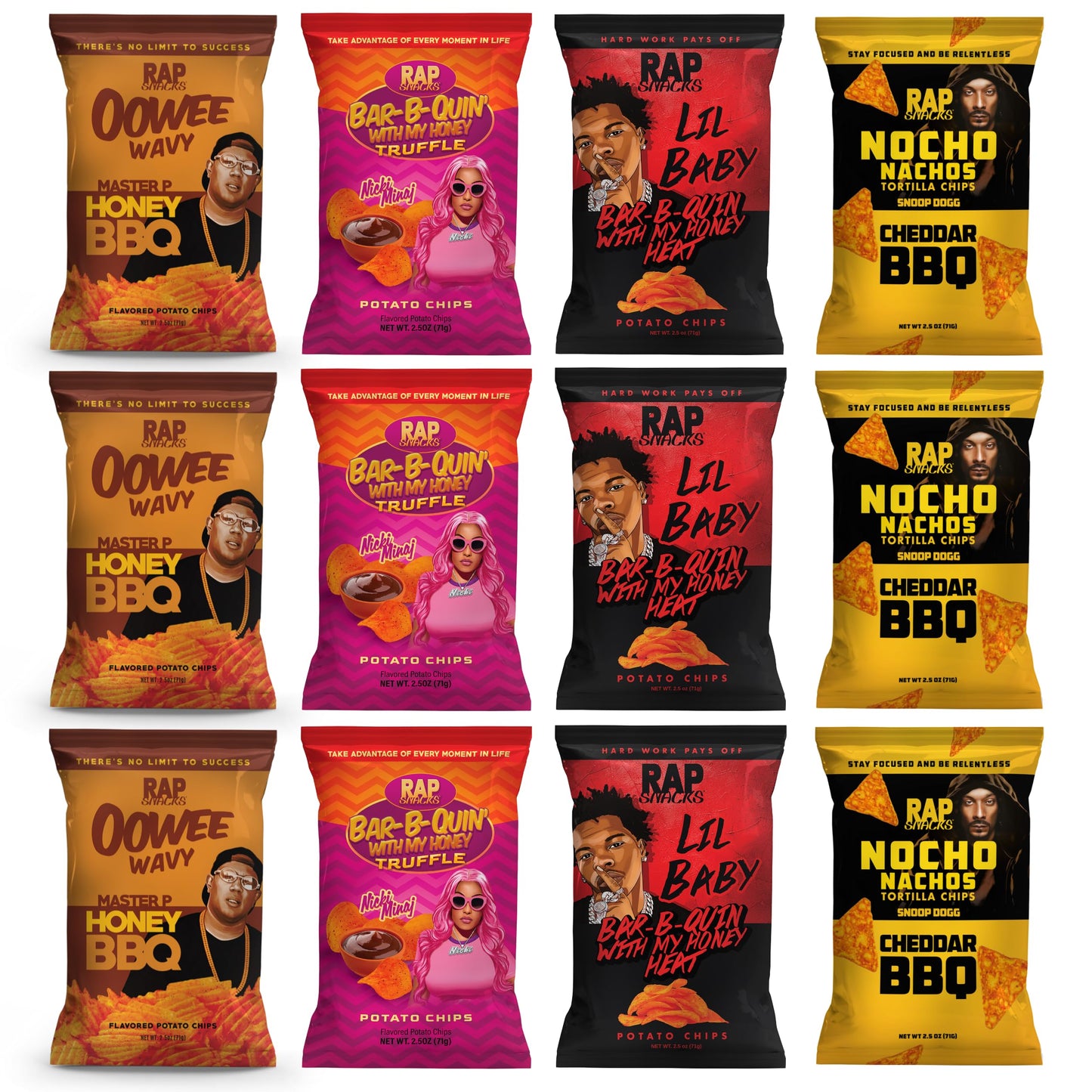 Rap Snacks Master P, Lil Baby, and Nicki Minaj, Honey BBQ, BBQ Honey Heat, Cheddar BBQ, and Honey BBQ Truffle Chips Variety - Pack of 12