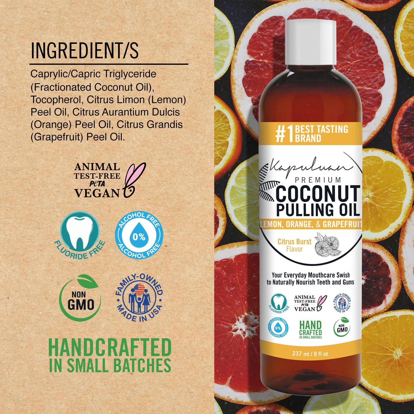 Kapuluan Coconut Oil Pulling for Teeth and Gums Mouthwash, 100% Pure and Natural, Non-GMO, Ayurvedic – Refreshing Lemon Essential Oil, Orange Essential Oil, and Grapefruit Essential Oils