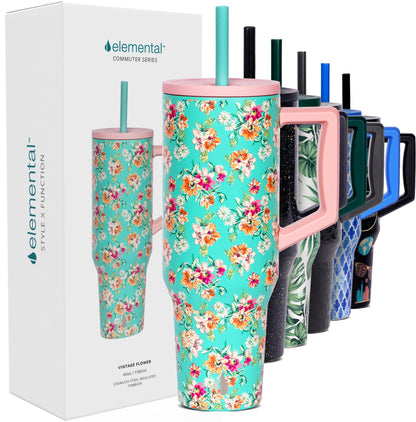 Elemental 40 oz Tumbler with Handle and Straw - Spill Proof Insulated Stainless Steel Commuter for Hot and Cold Beverages - Travel Coffee Mug with 2 Straws & Spill Proof Lid - 40oz - Vintage Flower