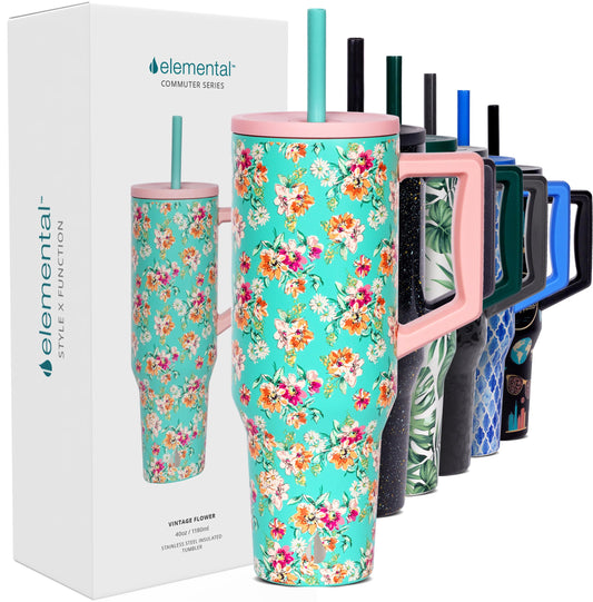 Elemental 40 oz Tumbler with Handle and Straw - Spill Proof Insulated Stainless Steel Commuter for Hot and Cold Beverages - Travel Coffee Mug with 2 Straws & Spill Proof Lid - 40oz - Vintage Flower