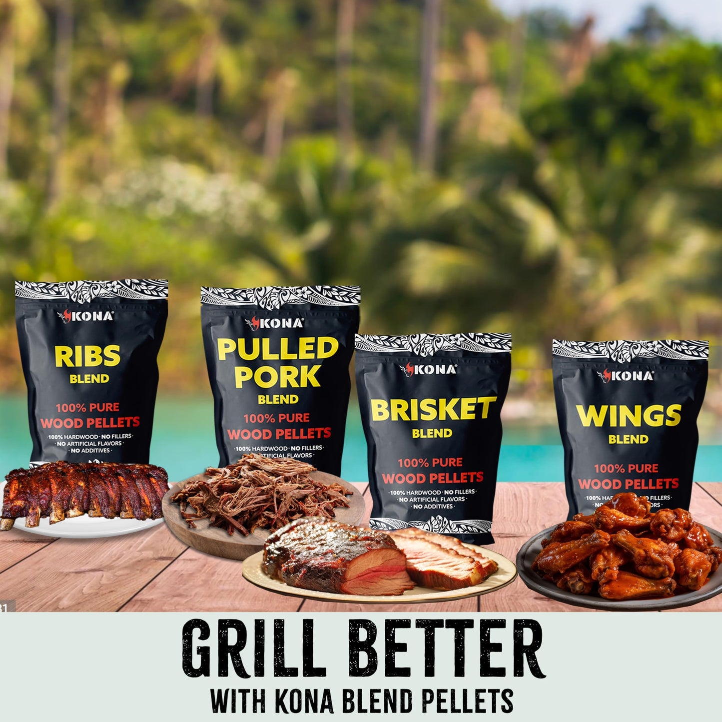 Kona Wood Pellets Brisket, Ribs, Wings,and Pulled Pork Blend Variety Pack, Intended for Ninja Woodfire Outdoor Grill, Wood Fire Oven, 4, 2lb Resealable Bags