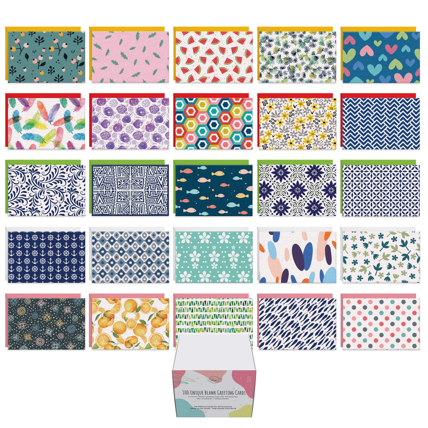 Dessie 100 Unique Blank Cards With Envelopes 4x6 - All Occasion Blank Greeting Cards w/Colored Envelopes & Gold Seals. No Repetition. Note Cards with Envelopes Set