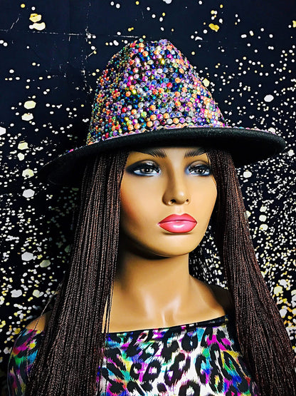 2Chique Boutique Women's Extra Bling Rhinestone Embellished Wide Brim Fedora Hat, Multicolor