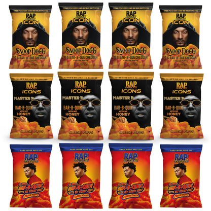 Rap Snacks Lil Baby, and Master P Cheddar BBQ, BBQ Honey Heat, and Honey BBQ Puffs Variety - Pack of 12