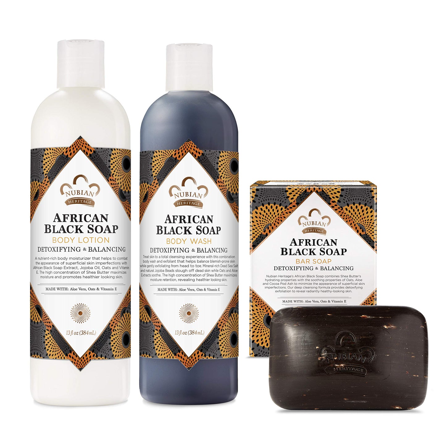 Nubian Heritage Bath and Body Kit Skin Care Products African Black Soap Cleansing and Soothing Pack of 3
