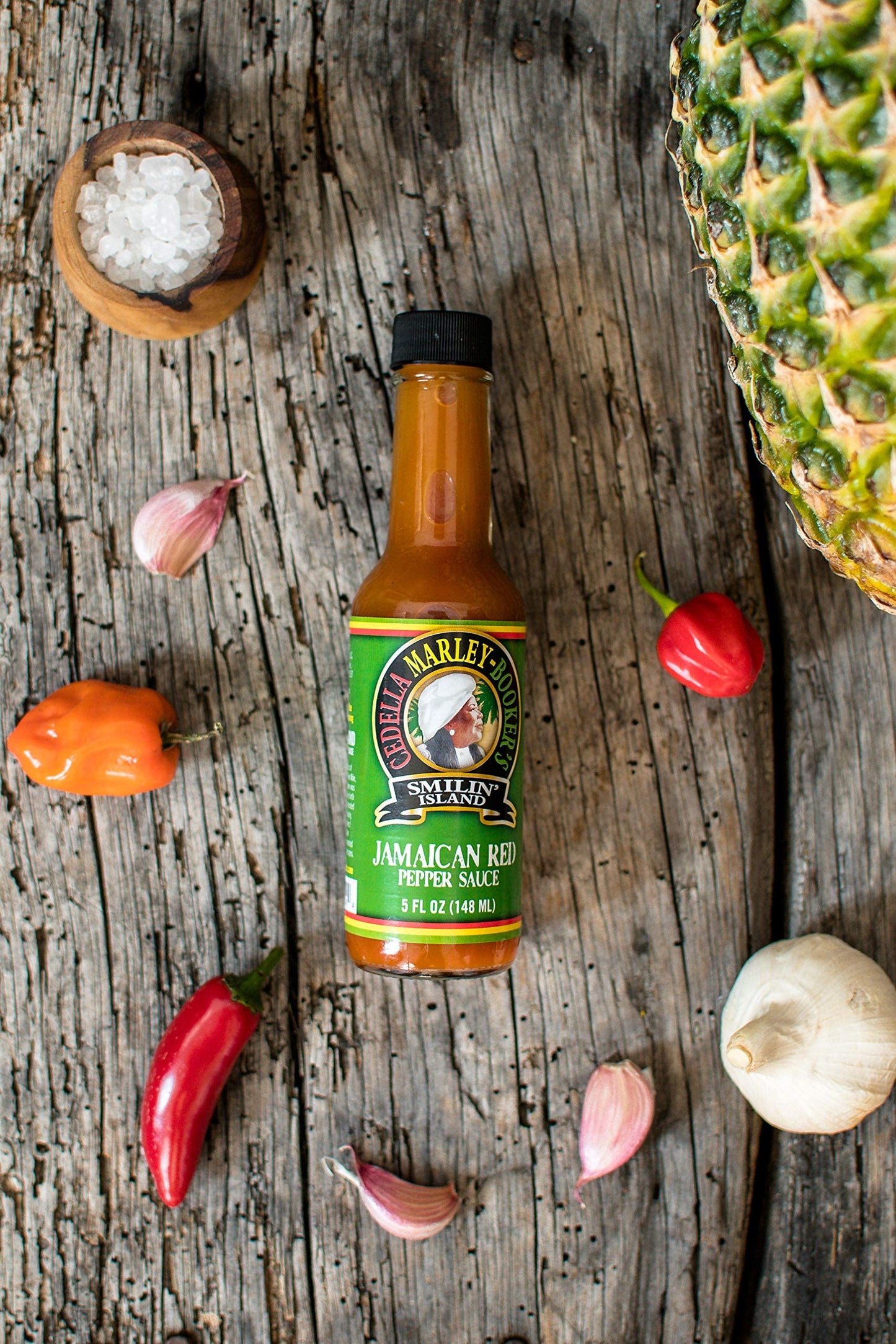 Smilin Island's Jamaican Red Hot Sauce with Habanero, Naga Jolokia Peppers and Pineapples 1Bottle 5oz by Cedella Marley Booker