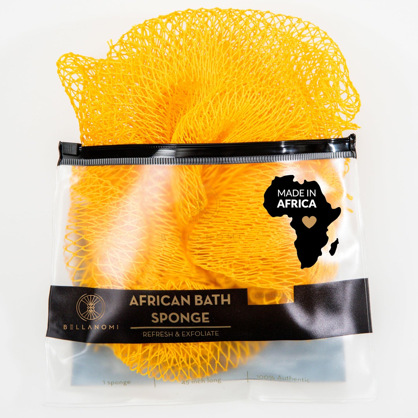 BELLANOMI African Exfoliating Net Sponge, Authentic, Ethically sourced from Nigeria, 45 inches Long, Back Scrubber for Daily use (Yellow)